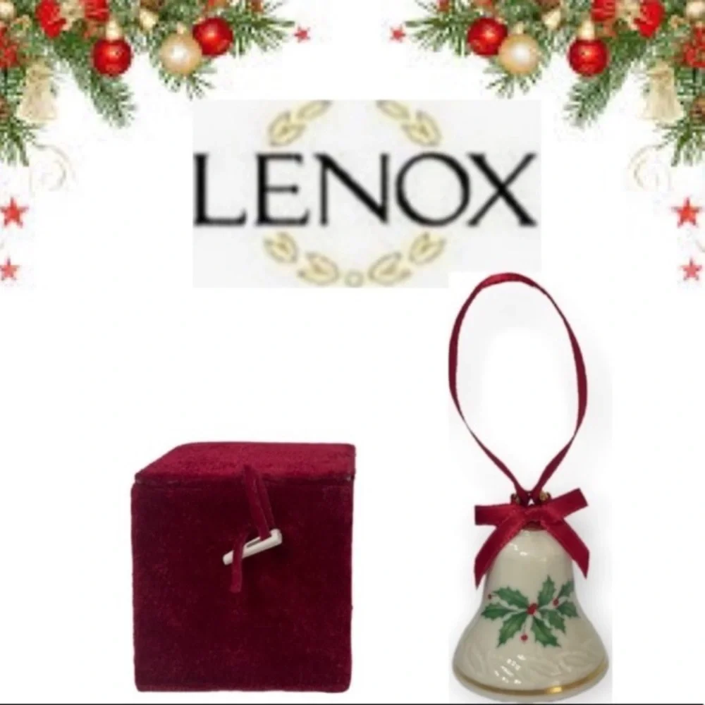 Vintage Christmas Ornament Lenox Bell Gold Trim Holly & Berries In Velvet Box
